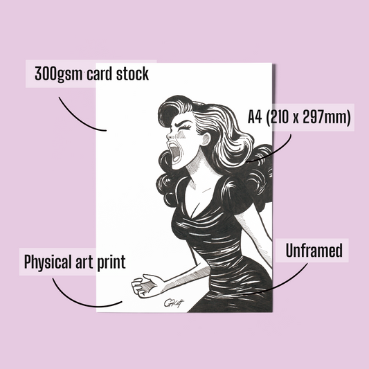 "Female Rage" – A4 Hand Drawn Pen and Ink Art Print | Bold Illustration of Feminine Fury and Power