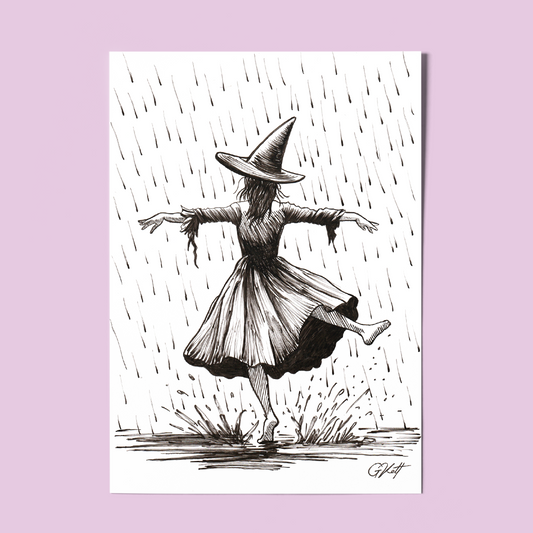 Barefoot in the Rain – A4 Witch Dancing in the Rain Art Print | Hand Drawn Pen and Ink Illustration