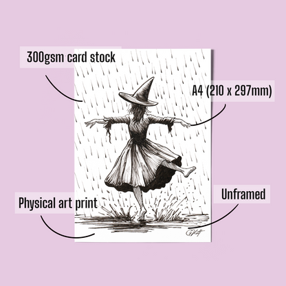 Barefoot in the Rain – A4 Witch Dancing in the Rain Art Print | Hand Drawn Pen and Ink Illustration