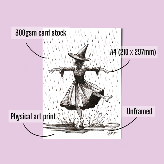 Barefoot in the Rain – A4 Witch Dancing in the Rain Art Print | Hand Drawn Pen and Ink Illustration