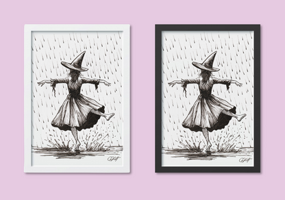 Barefoot in the Rain – A4 Witch Dancing in the Rain Art Print | Hand Drawn Pen and Ink Illustration