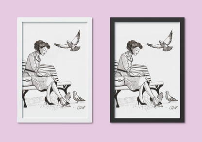 “Feathered Company” – A4 Black and White Vintage-Inspired Art Print of a Woman Feeding Pigeons