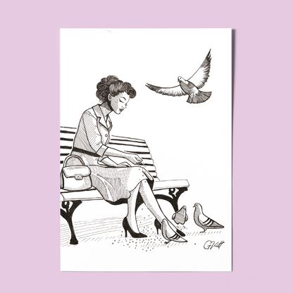 “Feathered Company” – A4 Black and White Vintage-Inspired Art Print of a Woman Feeding Pigeons