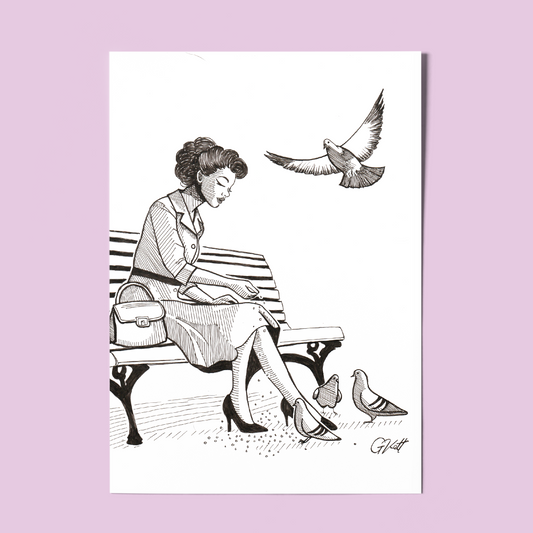 “Feathered Company” – A4 Black and White Vintage-Inspired Art Print of a Woman Feeding Pigeons
