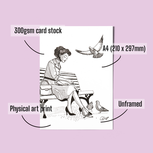 “Feathered Company” – A4 Black and White Vintage-Inspired Art Print of a Woman Feeding Pigeons