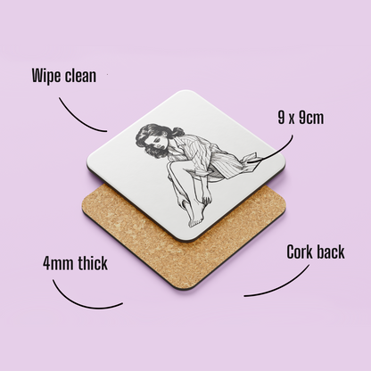 "Pause" Coaster – Hand Drawn Illustration of Woman in Crumpled Shirt with a Quiet, Reflective Mood