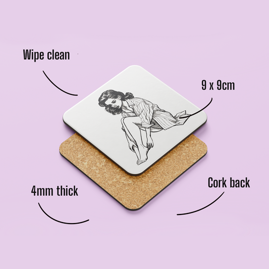 "Pause" Coaster – Hand Drawn Illustration of Woman in Crumpled Shirt with a Quiet, Reflective Mood