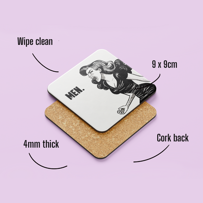 Female Rage "Men" Coaster – Hand Drawn Illustration of Female Rage with Clenched Fists and Scream Expression