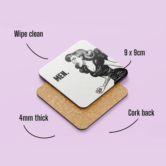 Female Rage "Men" Coaster – Hand Drawn Illustration of Female Rage with Clenched Fists and Scream Expression