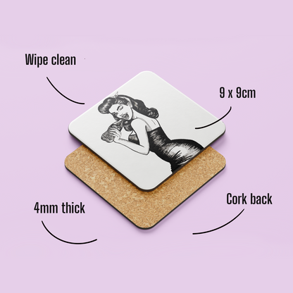 Vintage Pinup Girl Coaster – Hand Drawn Feminist Illustration of Woman Drinking Cola