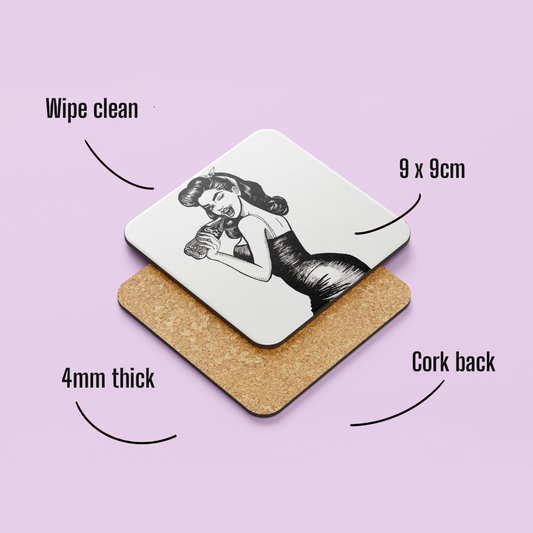 Vintage Pinup Girl Coaster – Hand Drawn Feminist Illustration of Woman Drinking Cola
