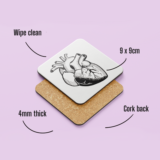 Anatomical Heart Art Coaster – Hand Drawn Whimsical Heart Illustration for Romantic Souls