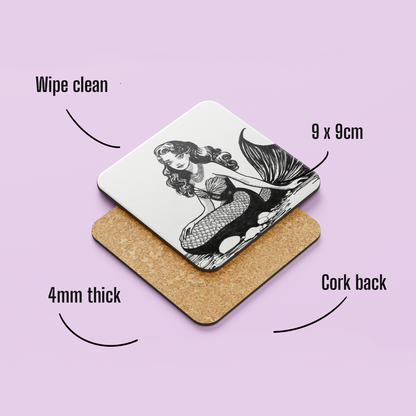 Vintage Mermaid Coaster – Hand Drawn Illustration with Pearl Necklace & Retro Aesthetic
