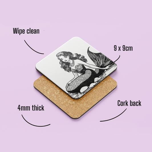 Vintage Mermaid Coaster – Hand Drawn Illustration with Pearl Necklace & Retro Aesthetic