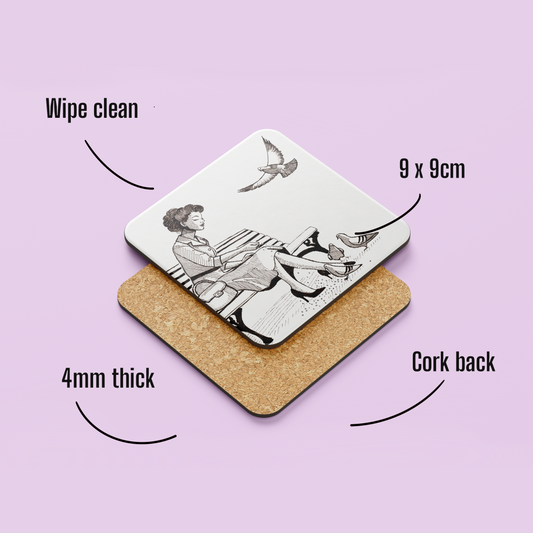 Whimsical Woman Feeding Pigeons Coaster – Hand Drawn Vintage Park Bench Illustration