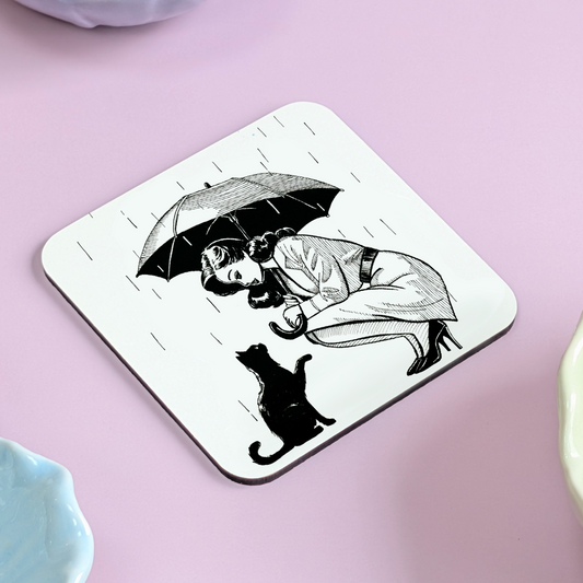 “Shelter” Cat and Girl Rainy Day Coaster – Hand Drawn Whimsical Illustration