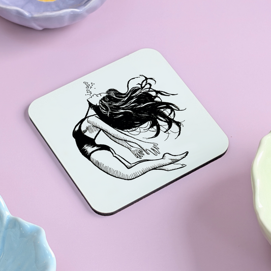 Whimsical Underwater Girl Coaster – Hand Drawn Surreal Illustration with Bubbles