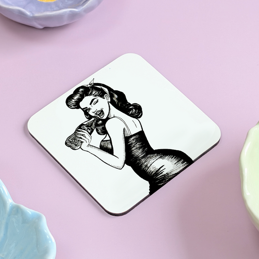 Vintage Pinup Girl Coaster – Hand Drawn Feminist Illustration of Woman Drinking Cola