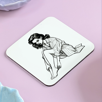 "Pause" Coaster – Hand Drawn Illustration of Woman in Crumpled Shirt with a Quiet, Reflective Mood
