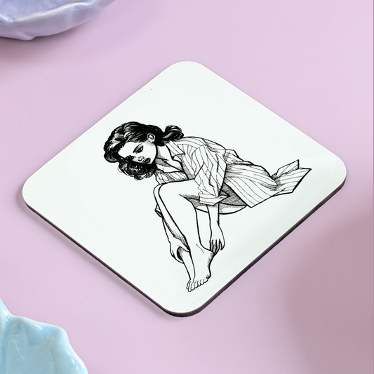 "Pause" Coaster – Hand Drawn Illustration of Woman in Crumpled Shirt with a Quiet, Reflective Mood