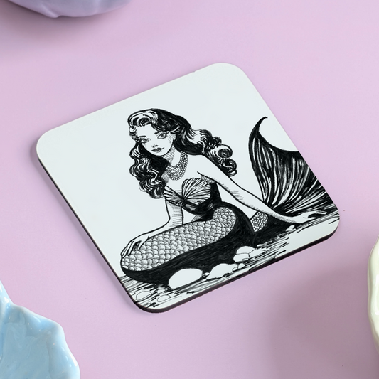 Vintage Mermaid Coaster – Hand Drawn Illustration with Pearl Necklace & Retro Aesthetic