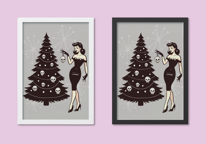 Gothic Pinup Christmas Art Print – A4 Vintage-Inspired Girl with Skull Ornament Tree