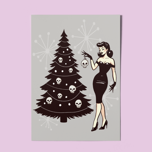 Gothic Pinup Christmas Art Print – A4 Vintage-Inspired Girl with Skull Ornament Tree