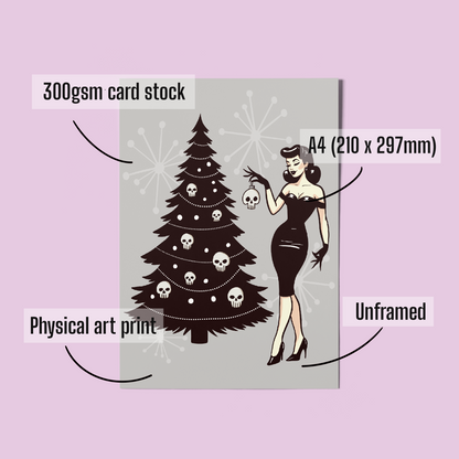 Gothic Pinup Christmas Art Print – A4 Vintage-Inspired Girl with Skull Ornament Tree