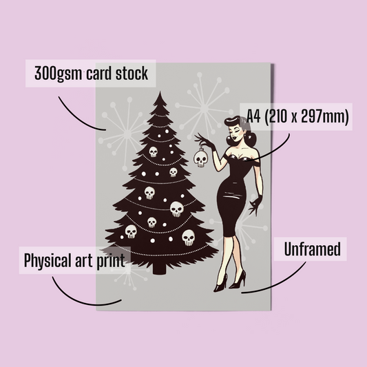 Gothic Pinup Christmas Art Print – A4 Vintage-Inspired Girl with Skull Ornament Tree
