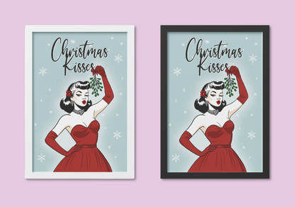 Retro Christmas Pinup Art Print – A4 "Christmas Kisses" Vintage-Inspired Holiday Illustration