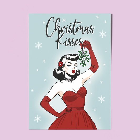 Retro Christmas Pinup Art Print – A4 "Christmas Kisses" Vintage-Inspired Holiday Illustration