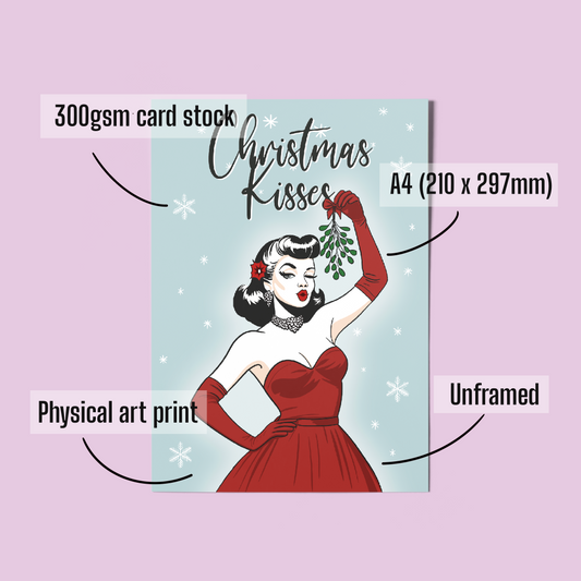 Retro Christmas Pinup Art Print – A4 "Christmas Kisses" Vintage-Inspired Holiday Illustration