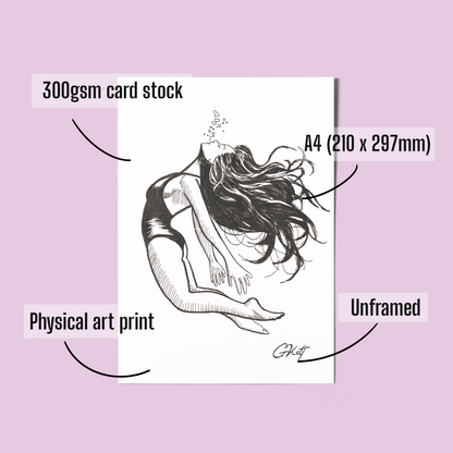 Ethereal Underwater Woman Art Print – A4 Pen and Ink Illustration with Elegant Pose and Bubbles