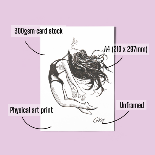 Ethereal Underwater Woman Art Print – A4 Pen and Ink Illustration with Elegant Pose and Bubbles