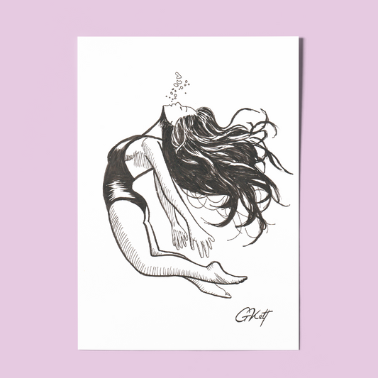 Ethereal Underwater Woman Art Print – A4 Pen and Ink Illustration with Elegant Pose and Bubbles