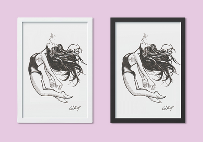 Ethereal Underwater Woman Art Print – A4 Pen and Ink Illustration with Elegant Pose and Bubbles