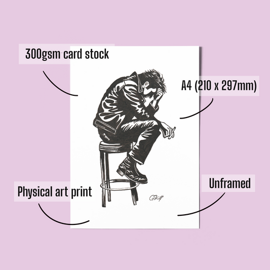 Dishevelled Man on Bar Stool Art Print – A4 Hand Drawn Vintage-Inspired Pen and Ink Illustration