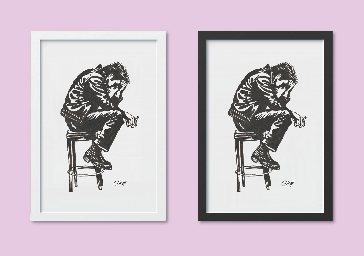 Dishevelled Man on Bar Stool Art Print – A4 Hand Drawn Vintage-Inspired Pen and Ink Illustration