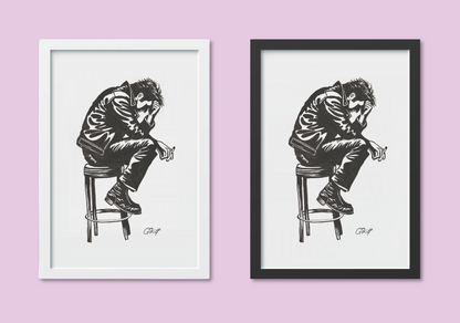 Dishevelled Man on Bar Stool Art Print – A4 Hand Drawn Vintage-Inspired Pen and Ink Illustration