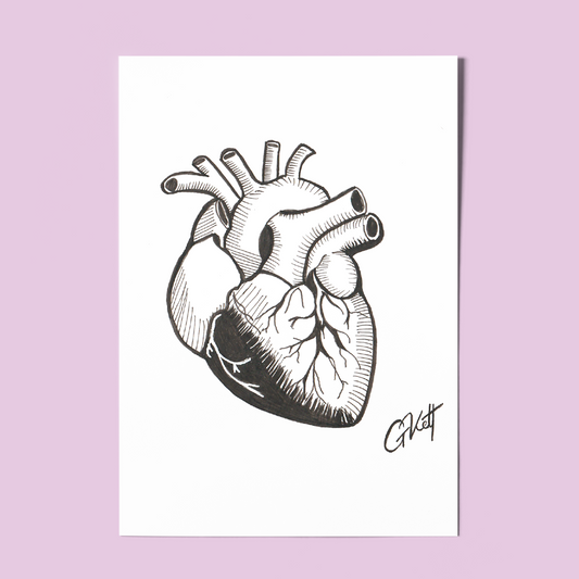 Anatomical Heart A4 Art Print – Hand Drawn Pen and Ink Illustration with Whimsical, Emotive Detail