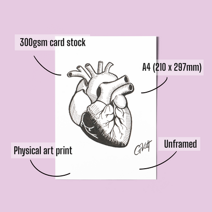 Anatomical Heart A4 Art Print – Hand Drawn Pen and Ink Illustration with Whimsical, Emotive Detail