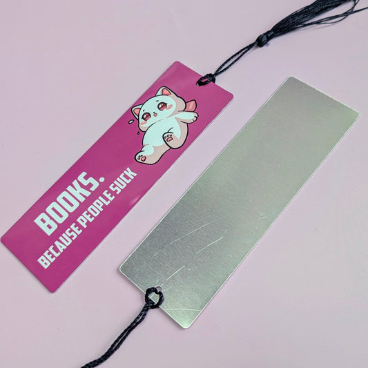 Pink bookmark with cartoon cat and text on a pink background