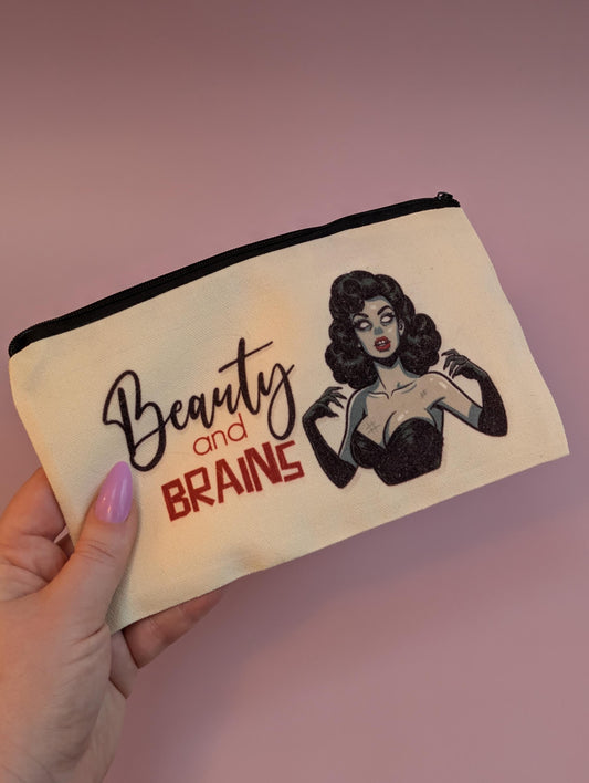 Beauty and Brains Zombie Pinup Girl Zip Pouch – Stylish, Spooky Pencil case or makeup bag