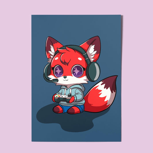 Kawaii Fox Gamer A4 Art Print - Gaming Wall Art – Cute Fox Wall Art