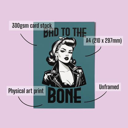 Rockabilly Pinup A4 Teal Art Print “Bad to the bone” – Vintage Style Feminist Attitude Wall Art
