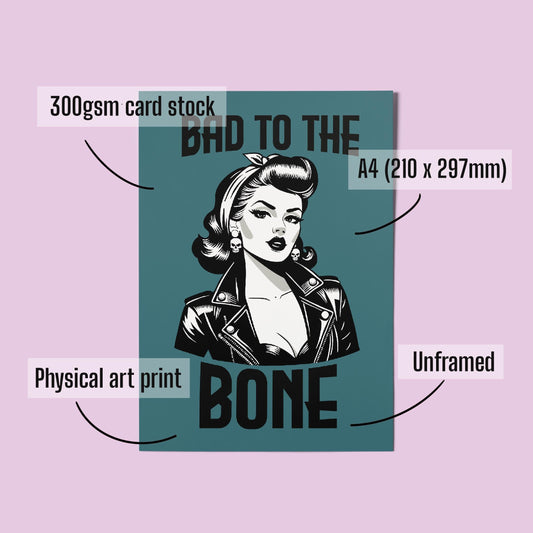 Rockabilly Pinup A4 Teal Art Print “Bad to the bone” – Vintage Style Feminist Attitude Wall Art