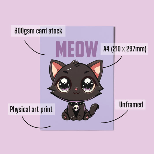 Kawaii Black Cat Illustration A4 Art Print “Meow” – Alt Style Pastel Goth Cat Wall Art