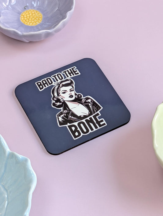 Bad to the Bone Rockabilly Pinup Girl Coaster – Retro and Rebellious Homeware