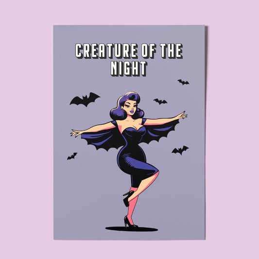 Gothic Pinup A4 Art Print “Creature of the night” – Alt Vintage Pinup Wall Art