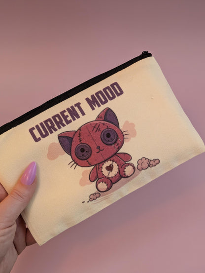 Current Mood Crying Tattered Cat Teddy Zip Pouch – Quirky, Relatable Pencil Case or Makeup Bag